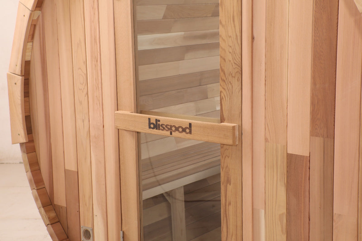 Blisspod | Prague | Canadian Red Cedar Outdoor Steam Barell Sauna | Full Glass Back | 70.87"H x 70.87"W x 70.87"D | 4-6 person
