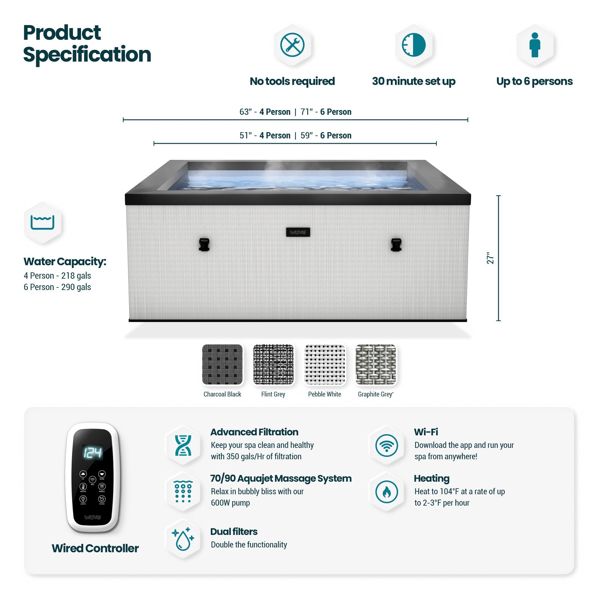 Garda | 4-Person Eco Foam Hot Tub | Square | Built-In Integrated Heater Pebble
