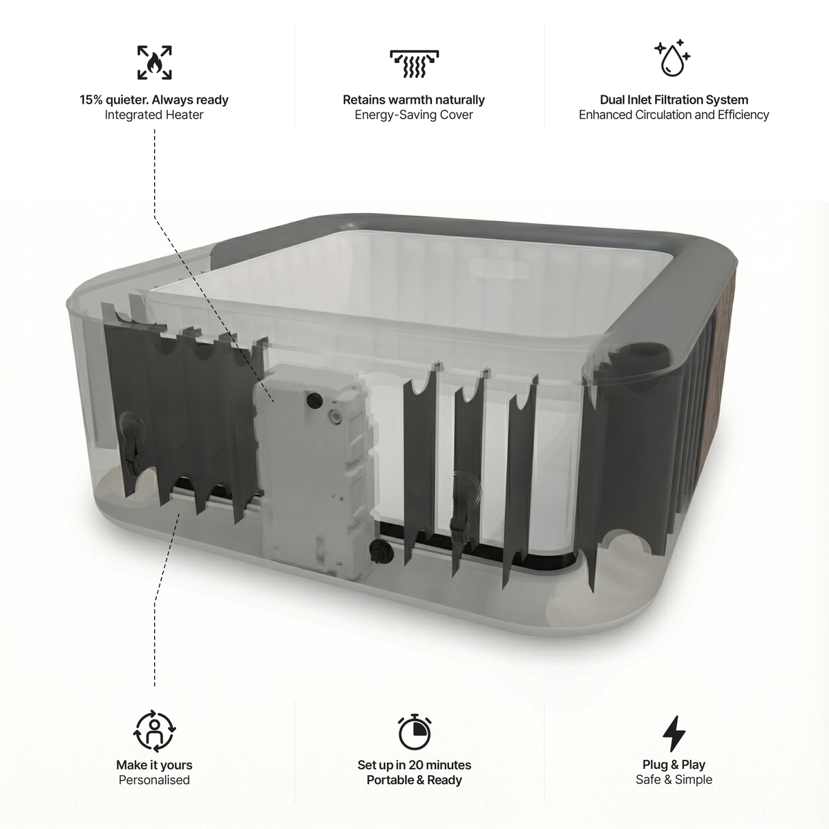 Pacific | 6-Person Inflatable Hot Tub | Square | Integrated Heater Grey Rattan