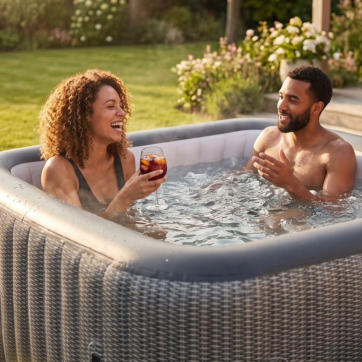 Pacific | 4-Person Inflatable Hot Tub | Square | Integrated Heater Grey Rattan