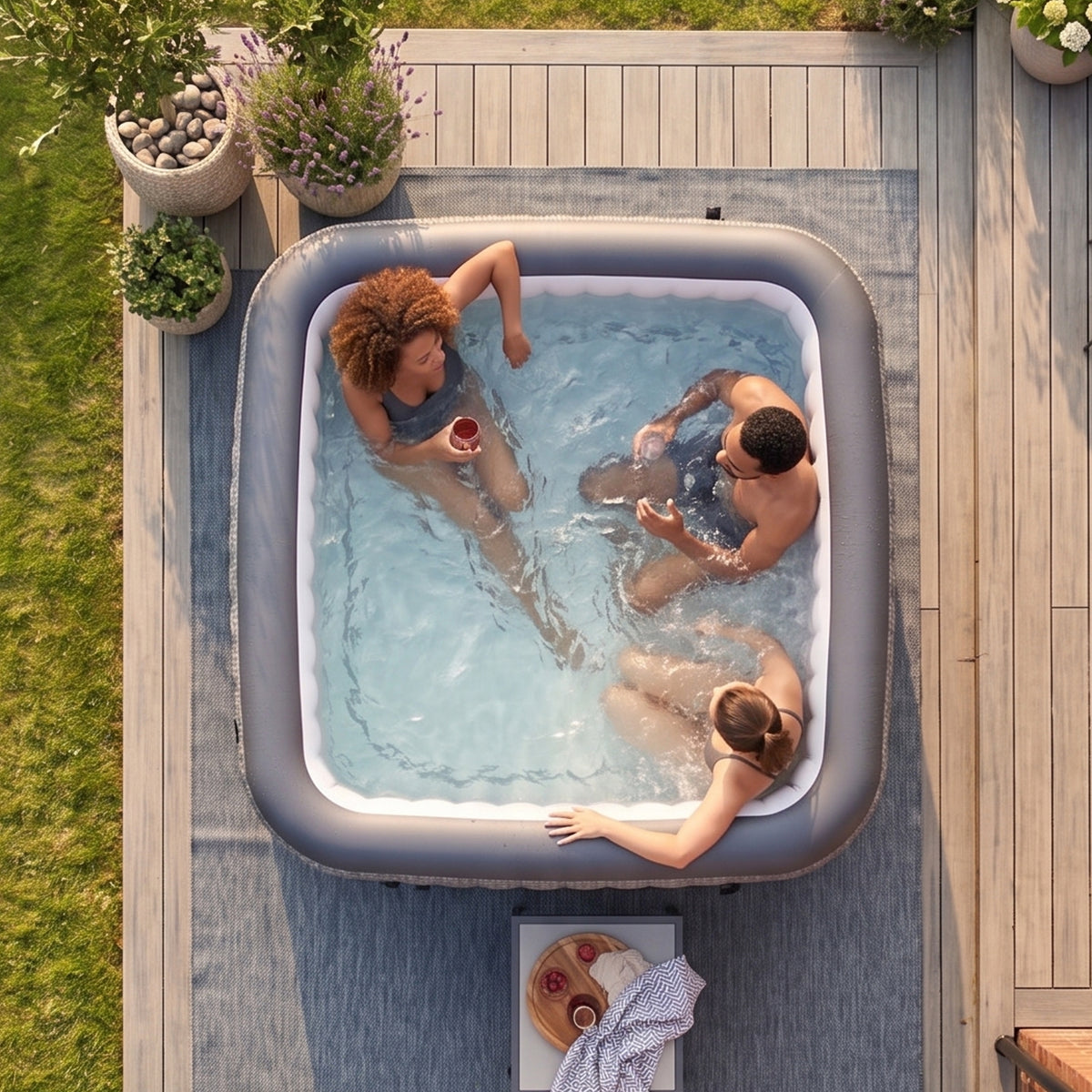 Pacific | 6-Person Inflatable Hot Tub | Square | Integrated Heater Grey Rattan