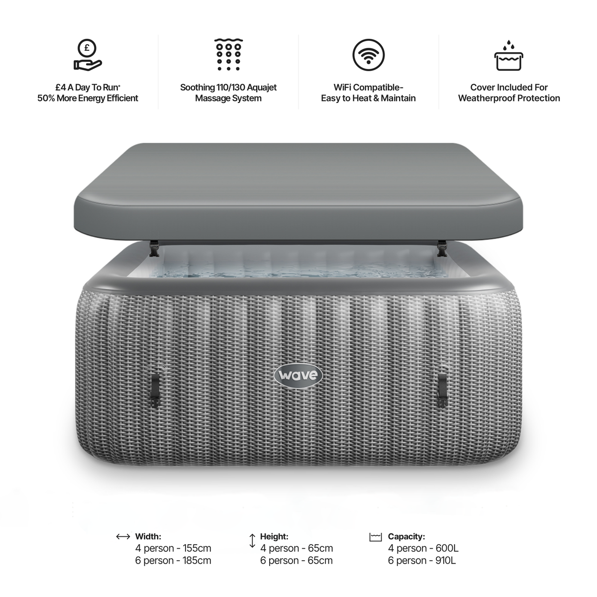 Pacific | 6-Person Inflatable Hot Tub | Square | Integrated Heater Grey Rattan