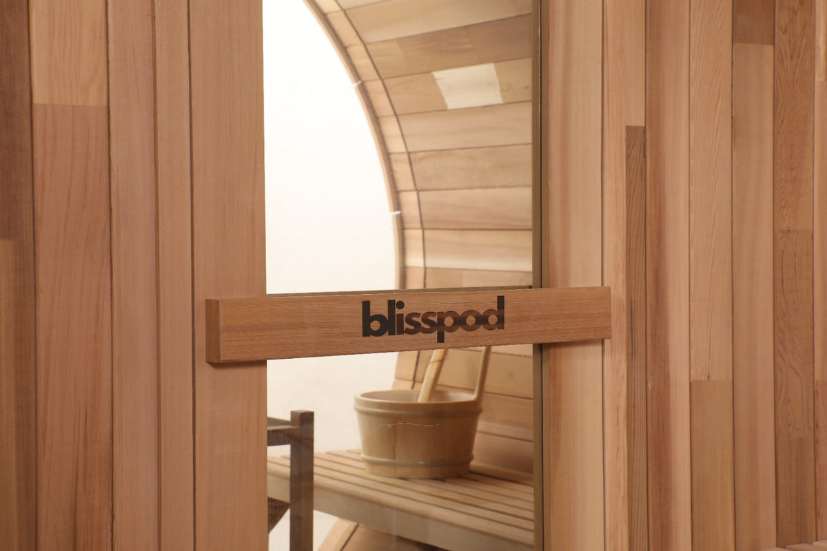 Blisspod | Prague | Canadian Red Cedar Outdoor Steam Barell Sauna | Full Glass Back | 70.87"H x 70.87"W x 70.87"D | 4-6 person